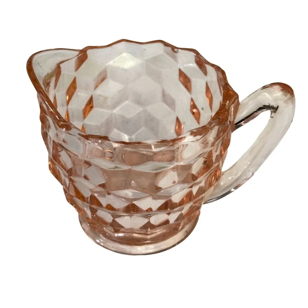 Pink Depression Glass Creamer 2.5in Pink Cube Pattern Art Deco Style